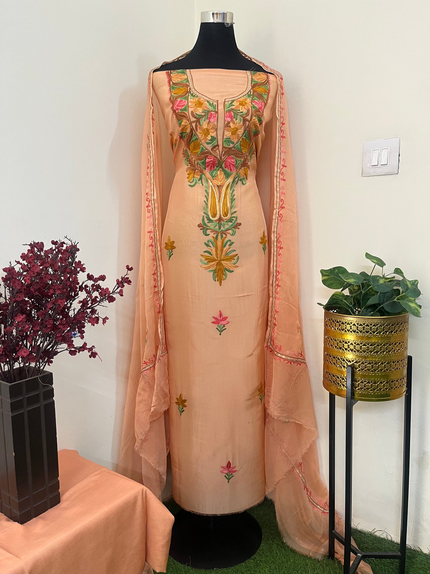 Peach Opada Silk Kashmiri Suit