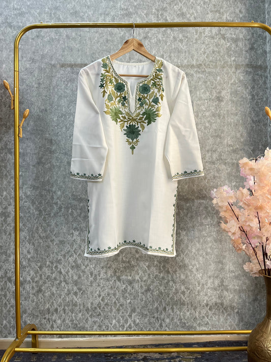 Off White Cotton Aari Work Kurti