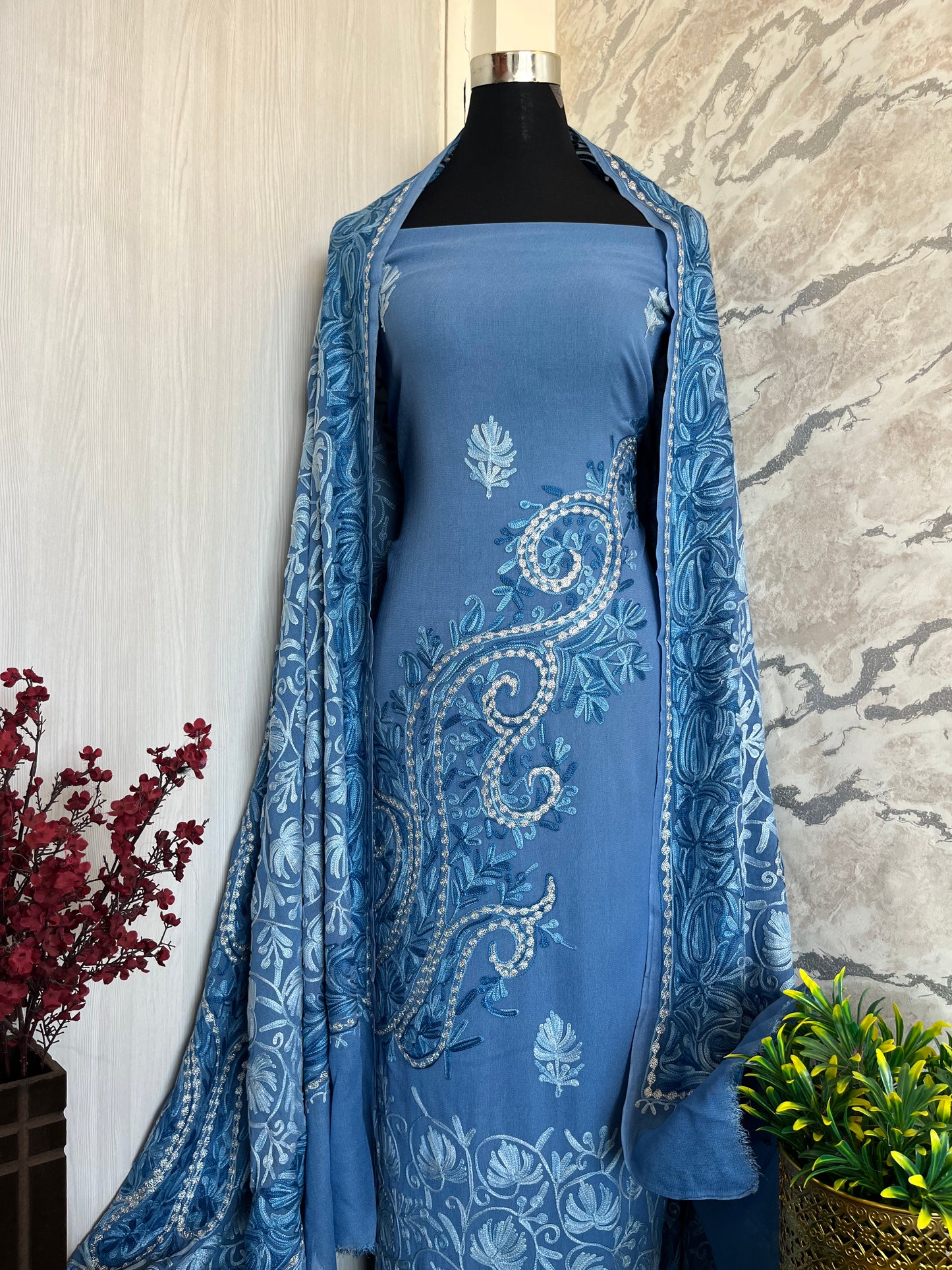 Blue Pure Georgette Aari Embroidered Suit