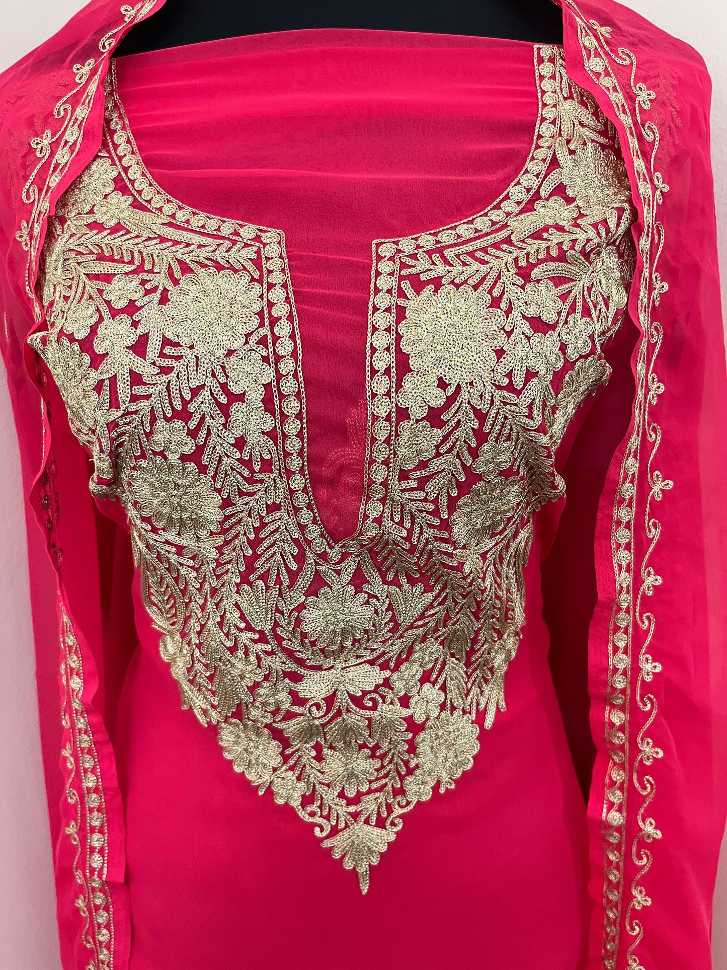Candy Pink Georgette 3pc Kashmiri Tilla Suit