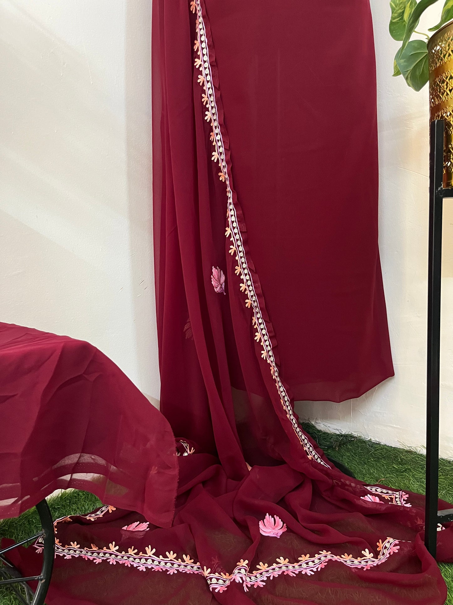 Maroon Georgette 3pc Aari Embroidered Suit