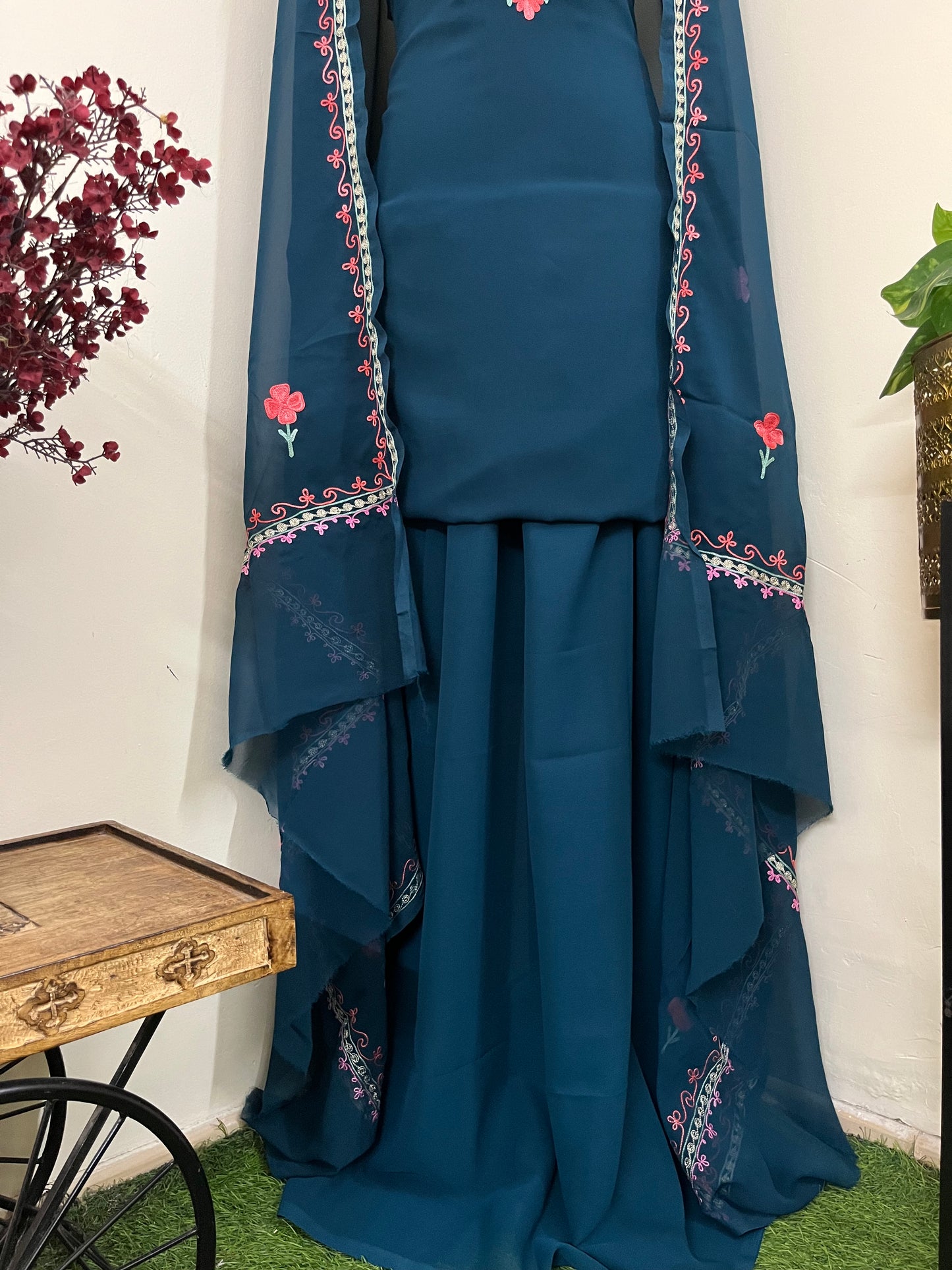 Teal blue Georgette 3 Pc Aari Embroidered Suit Set