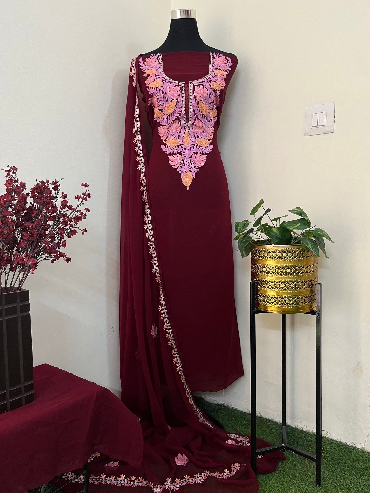 Maroon Georgette 3pc Aari Embroidered Suit