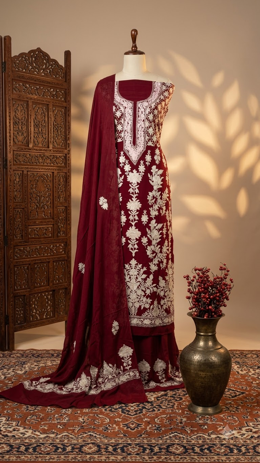 Maroon Pure Soft Organza 3 Pc Heavy Kashmiri Suit