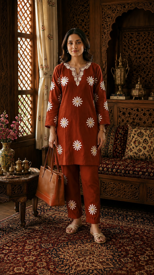 Rust Cotton Embroidered Co-ord Set(42)