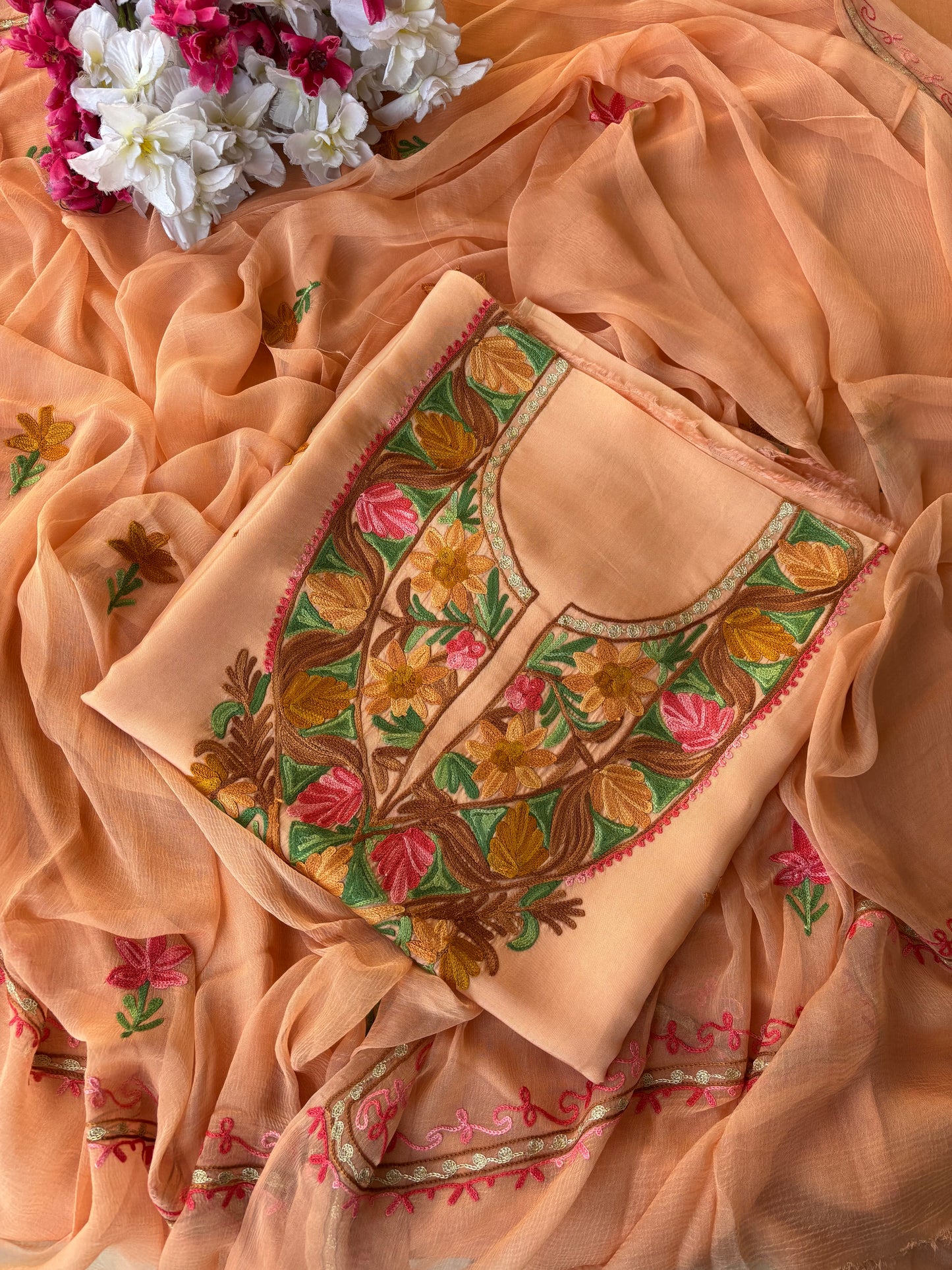 Peach Opada Silk Kashmiri Suit