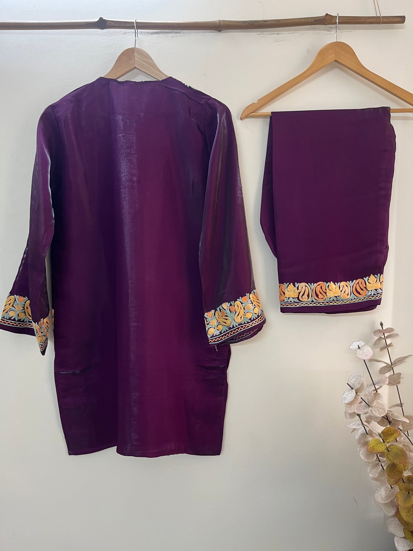 Wine Shimmer Silk Stitched Co-ord Set (Free Size /44 inches)