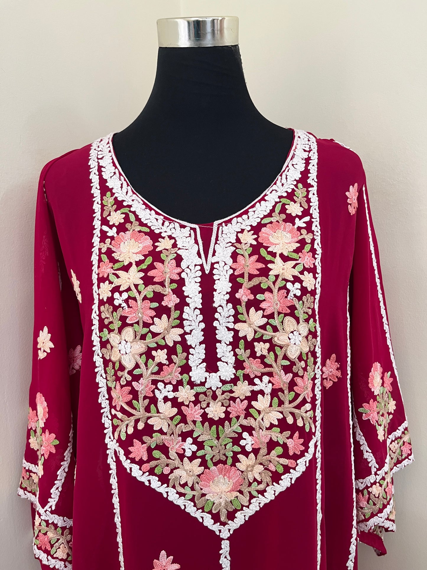 Hot Pink Georgette All over Work Aari Embroidered Unstitched Kurta