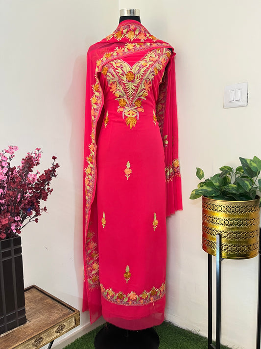 Reddish Pink Georgette 3 Pc Kashmiri Suit