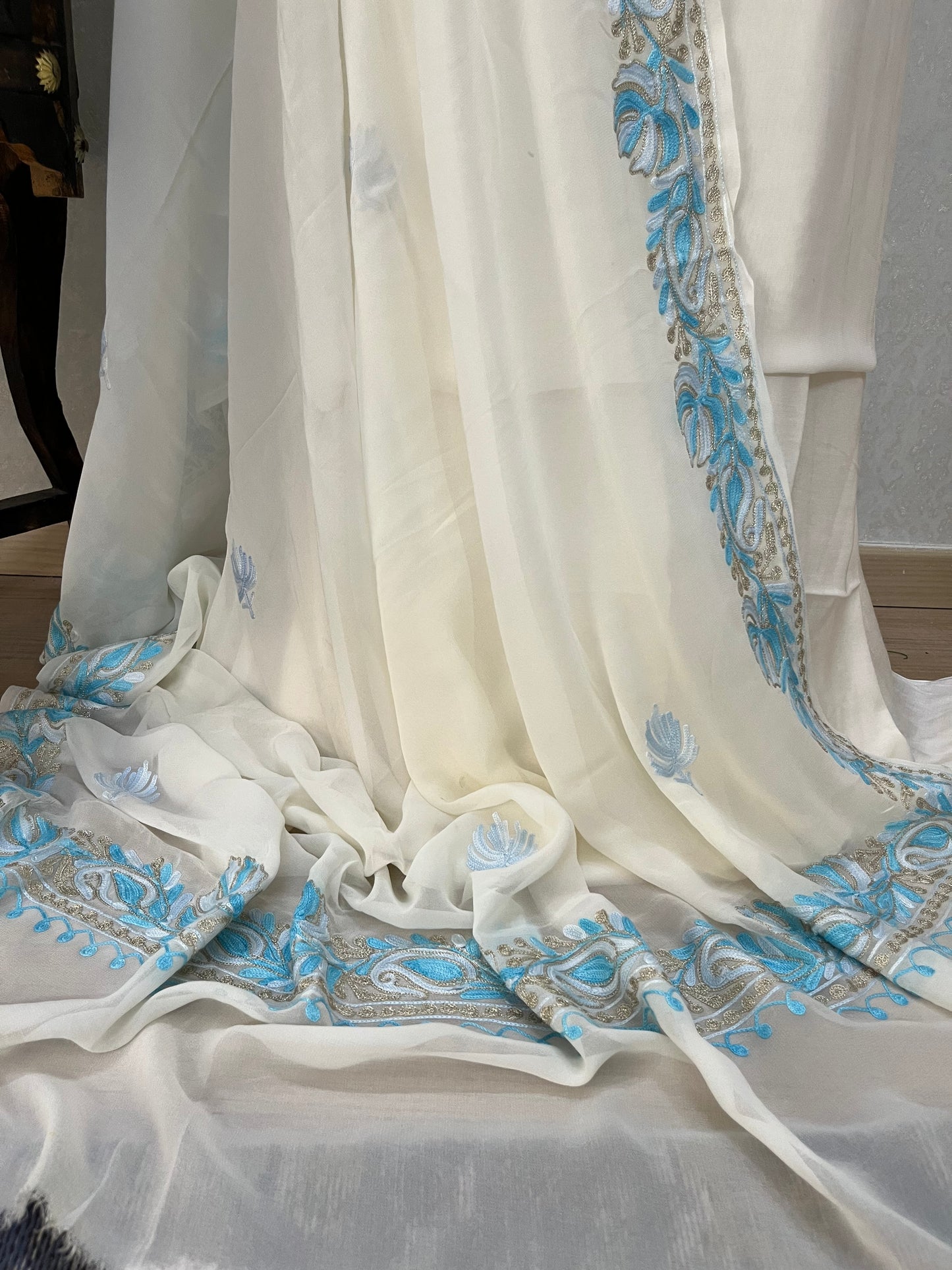 Off White Pure Georgette Kashmiri Suit