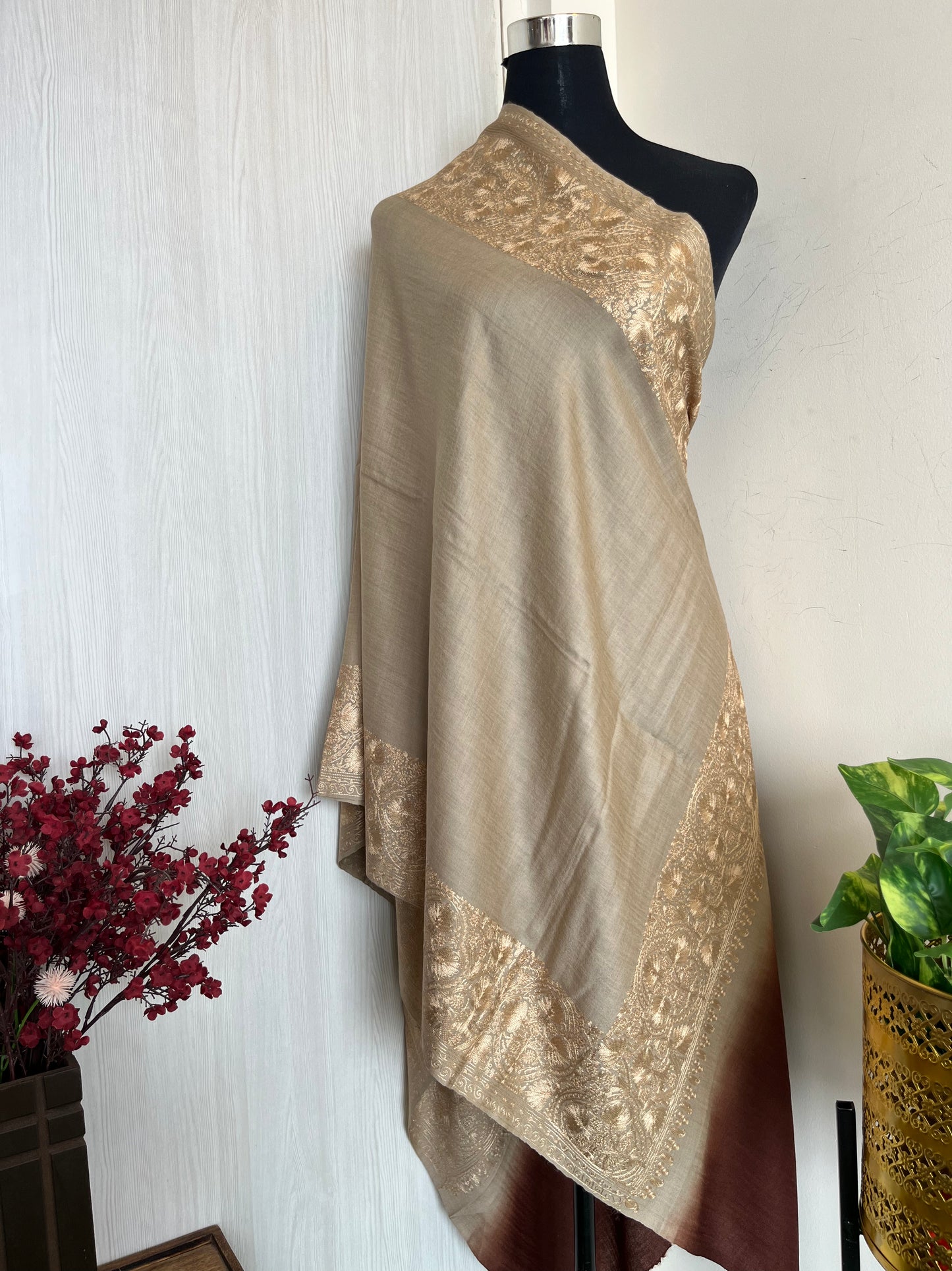 Beige Brown Silk Thread Border Embroidered Fine Semi Pashmina stole