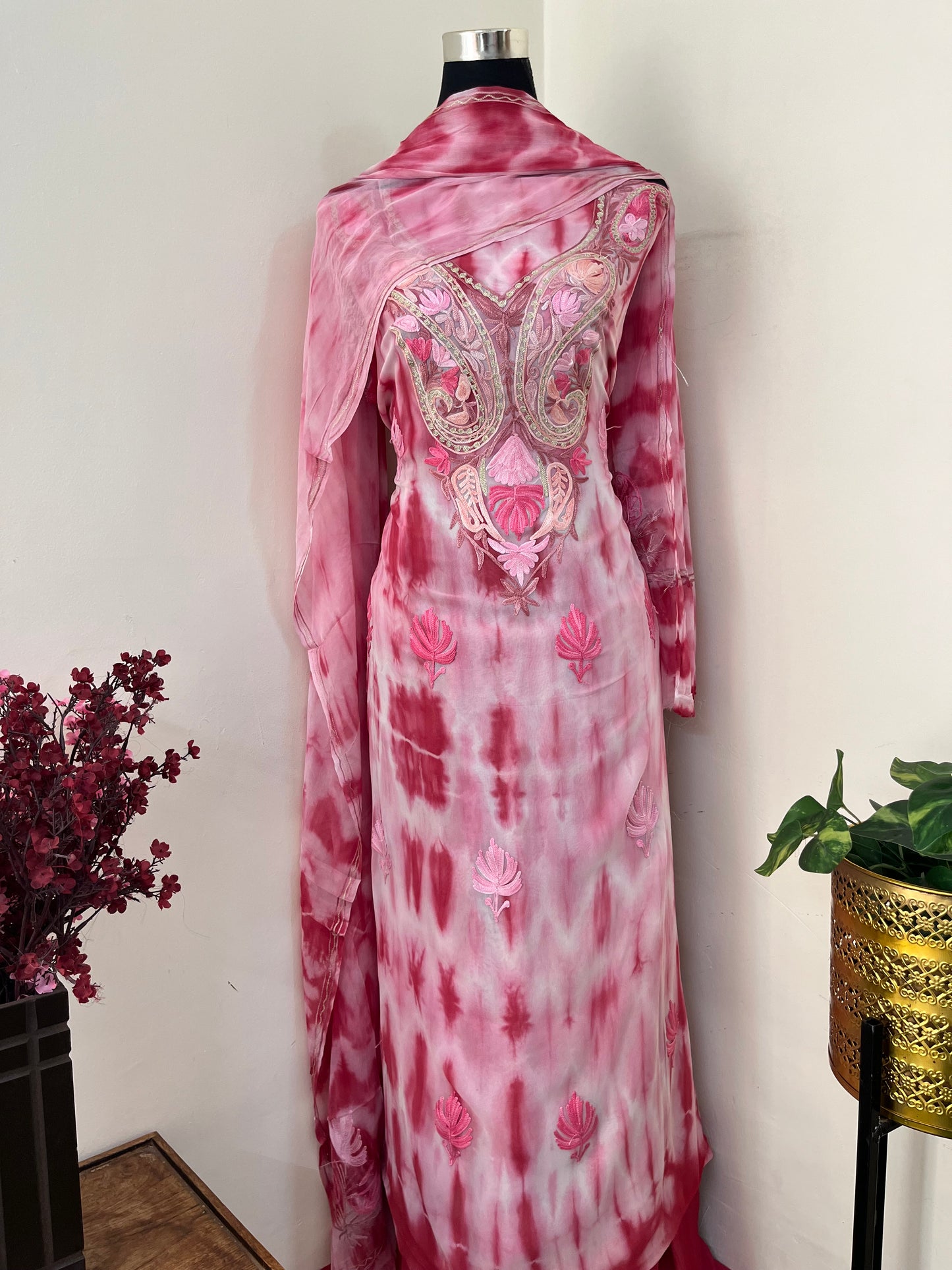 Rose Pink Pure Georgette Ty Dy Kashmiri Suit