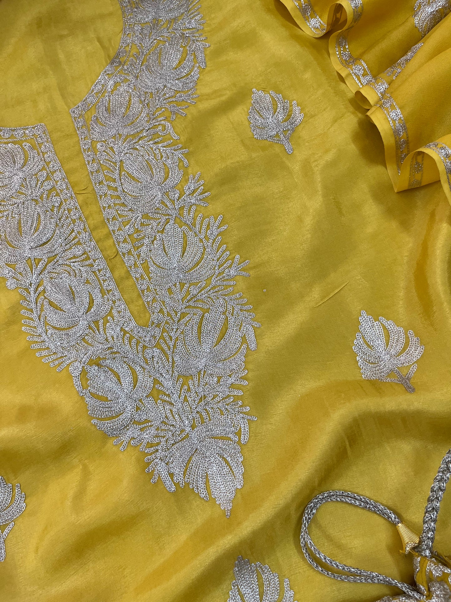 Sanam Golden Yellow Silk Kashmiri Suit with Potli