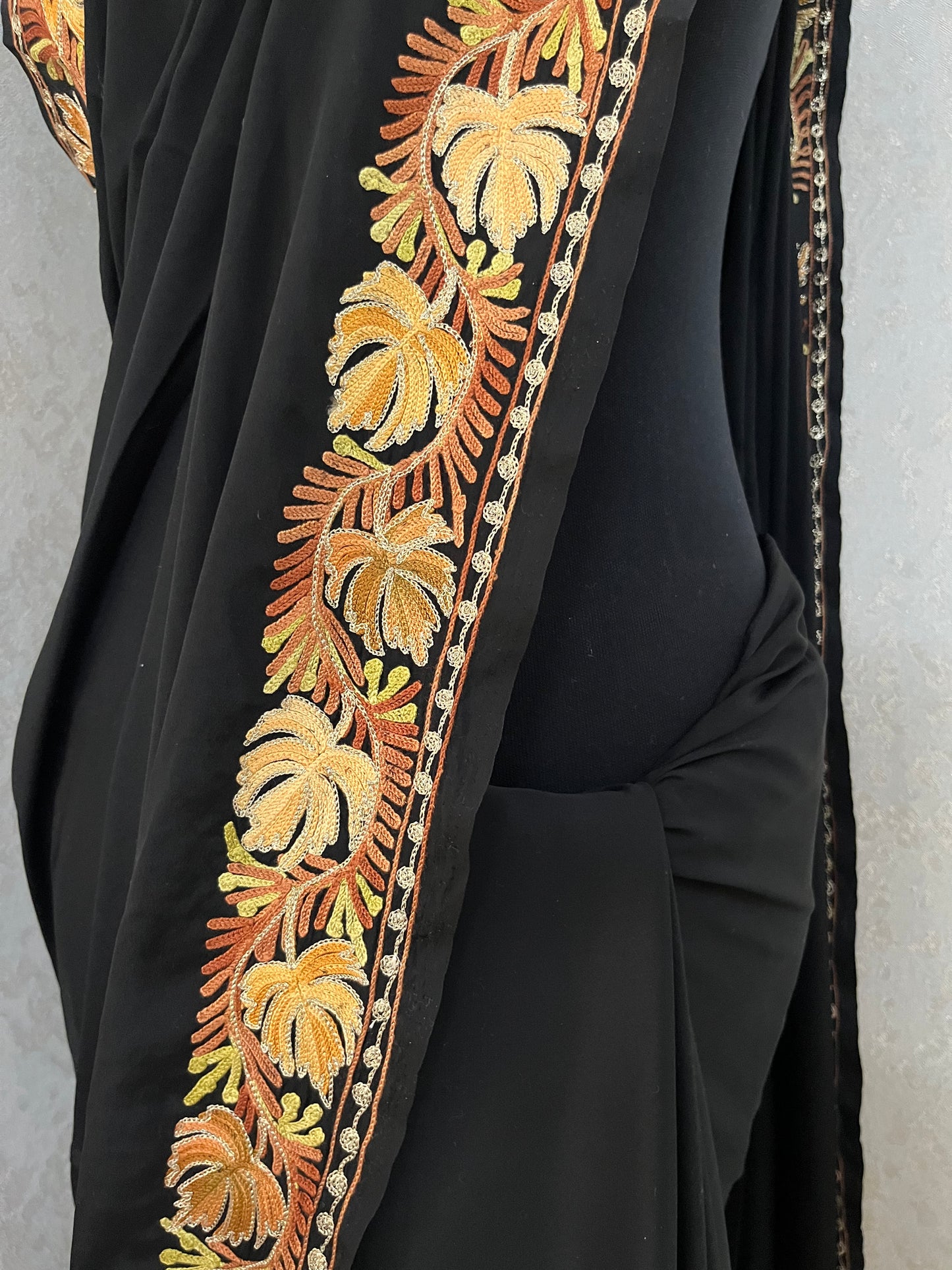 Black Crape Kashmiri Saree with Tilla Outline