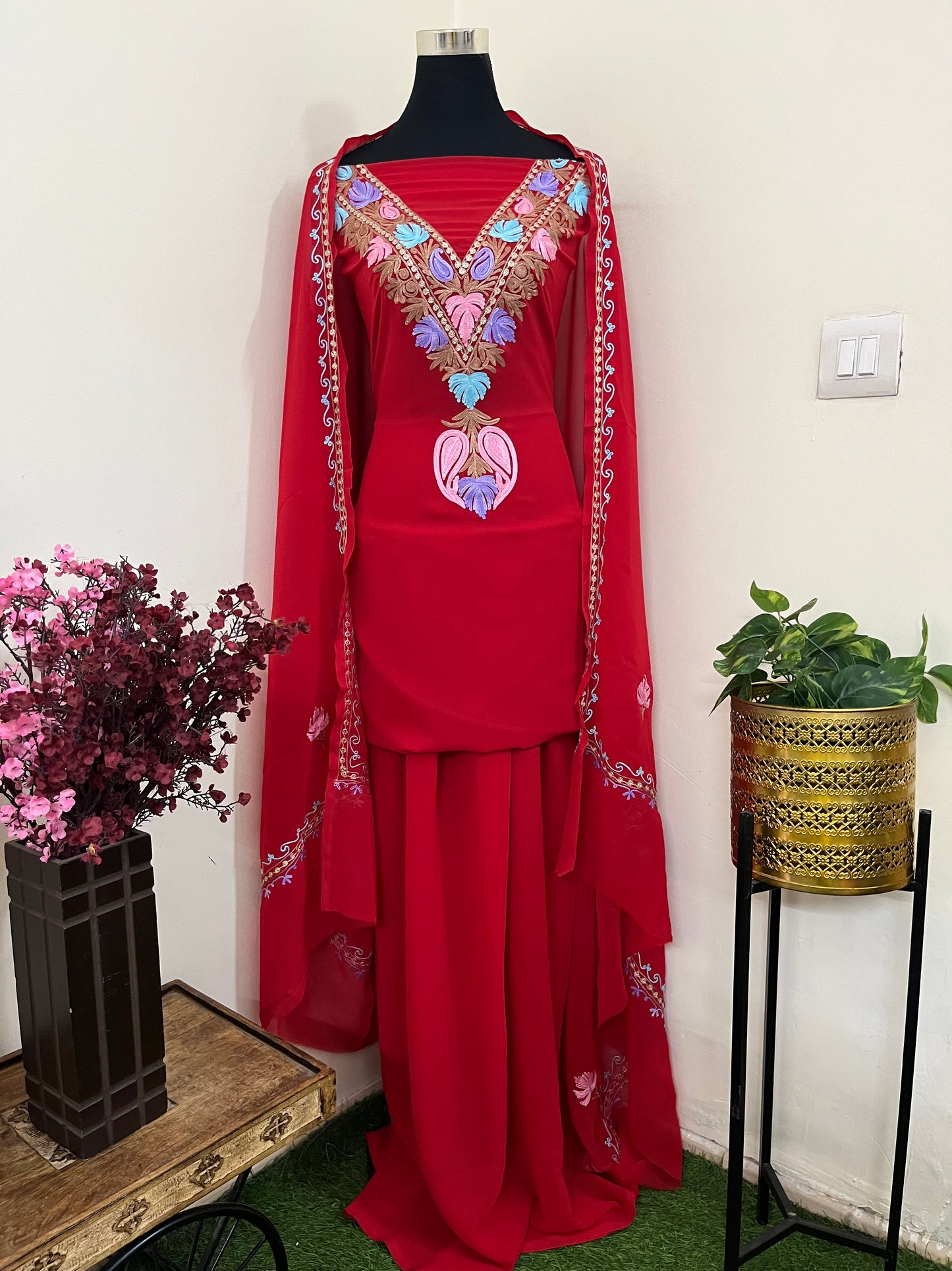 Red Georgette 3 Pc Aari Embroidered Suit Set