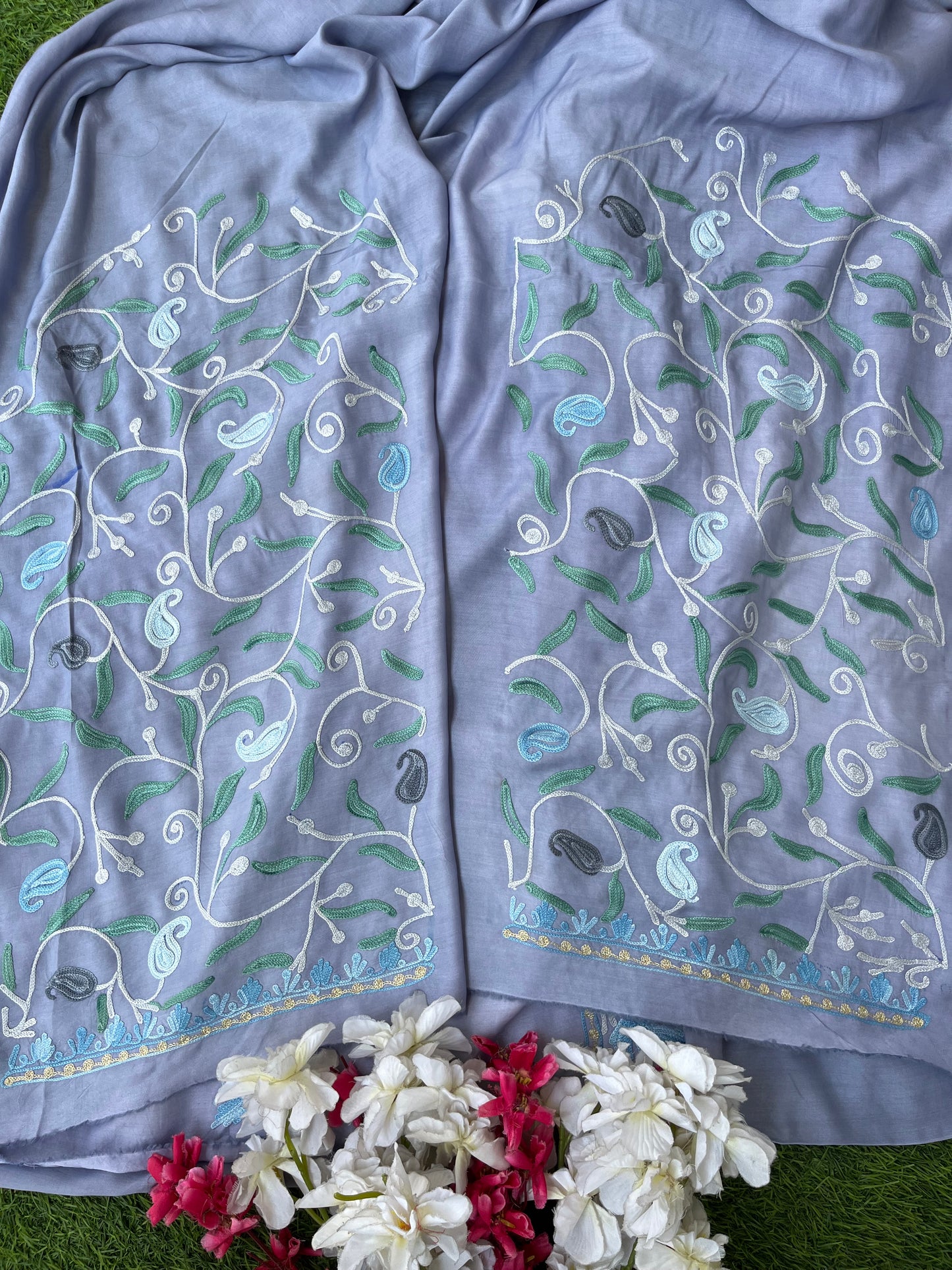 English Grey Muslin Cotton Jaal Sleeves Kashmiri 3pc Suit