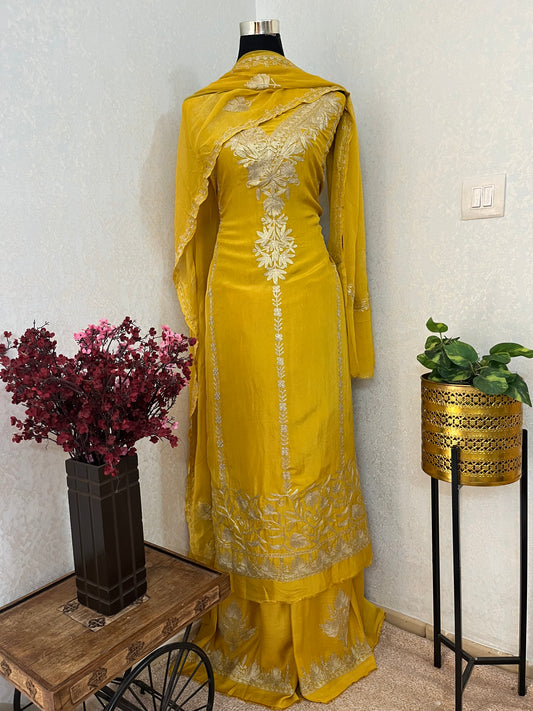 Golden Yellow Tilla Kashmiri Silk Suit