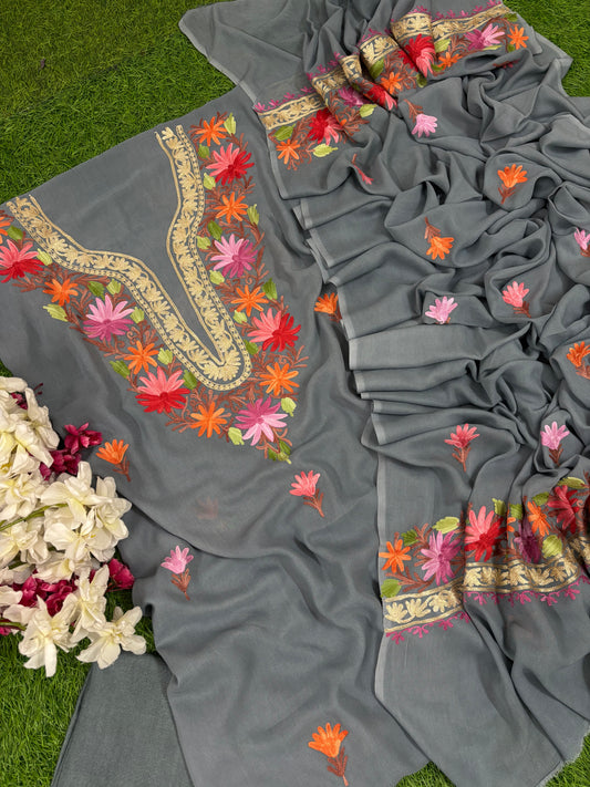 Grey Pure Georgette Kashmiri Suit