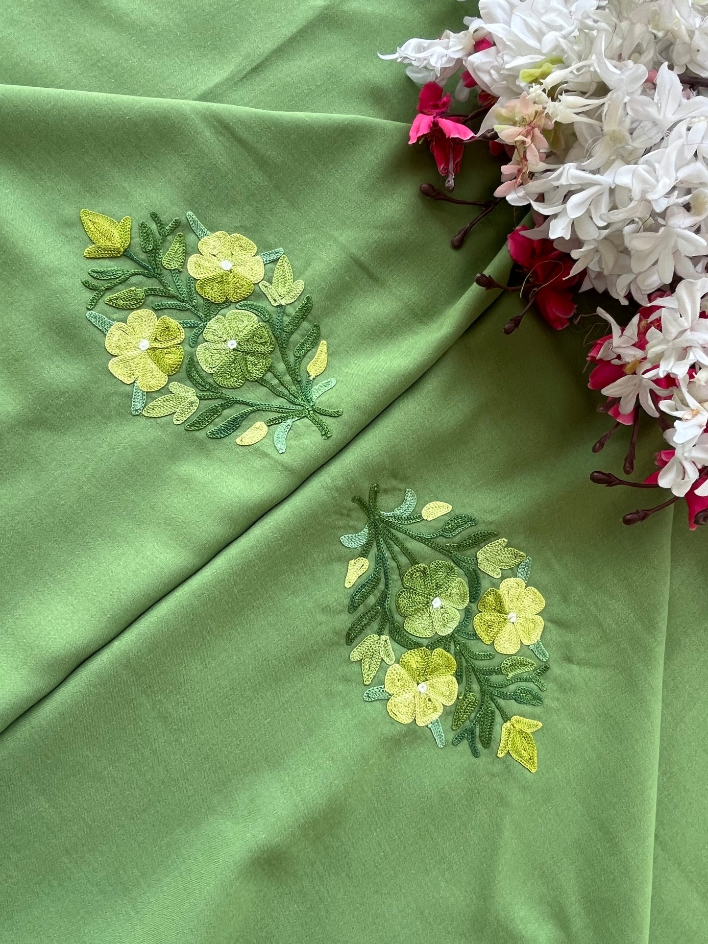 Pastel Green Aari Embroidered Cotton Suit Set