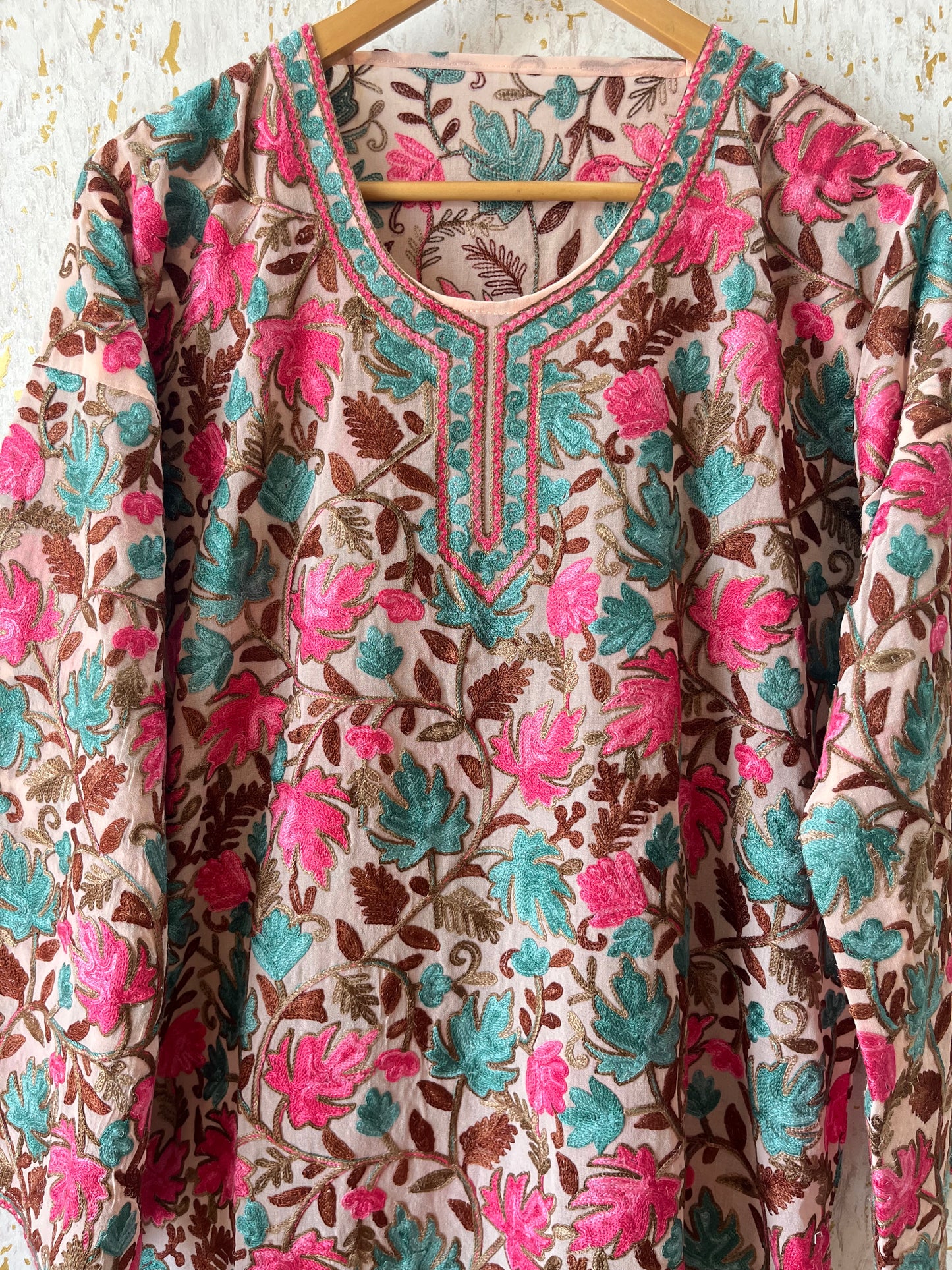 Peach Georgette Jaal Work (Front & Back) Aari Embroidered Stitched Kurta