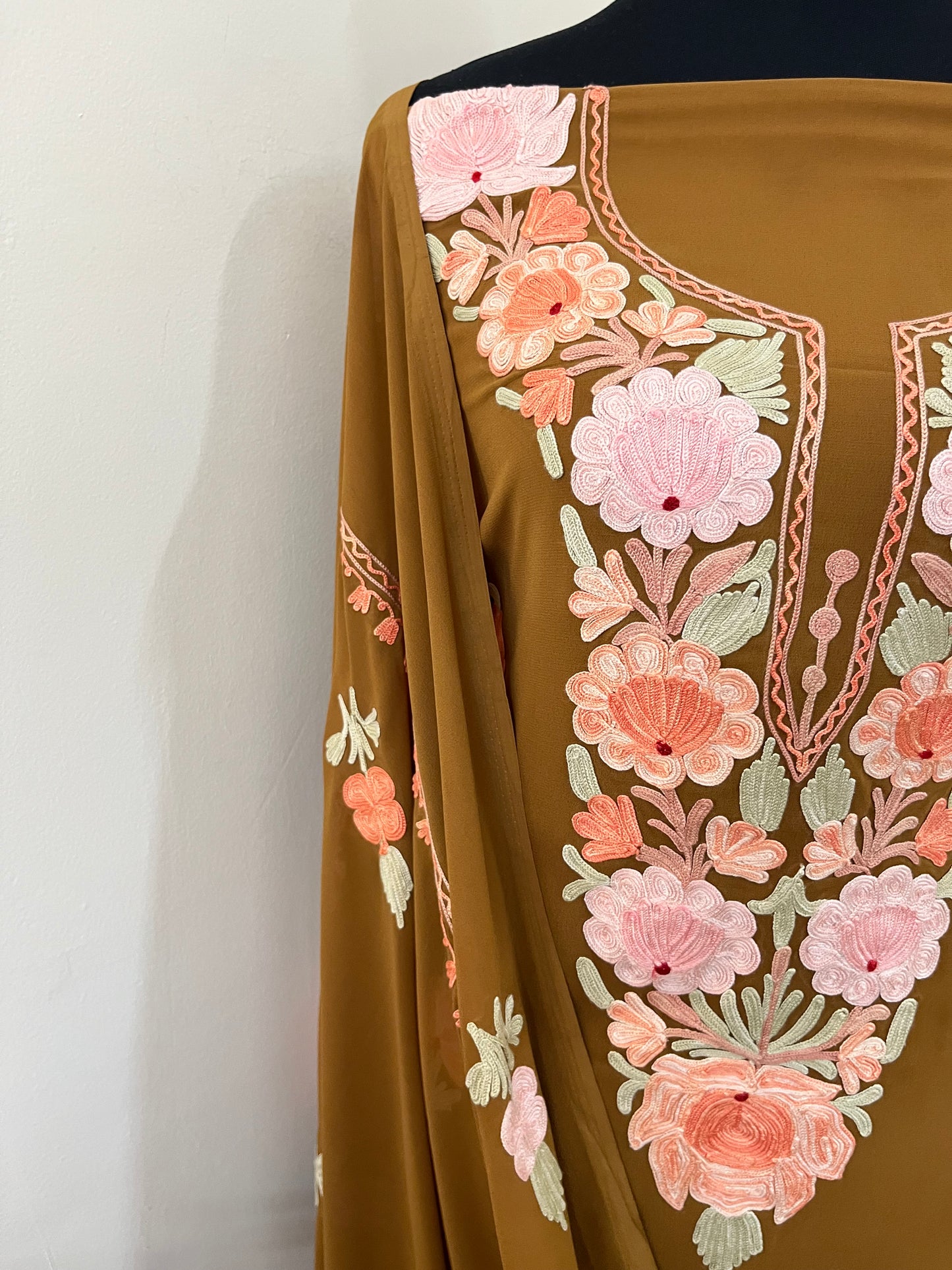Coffee Brown Georgette 3 Pc Aari Embroidered Suit