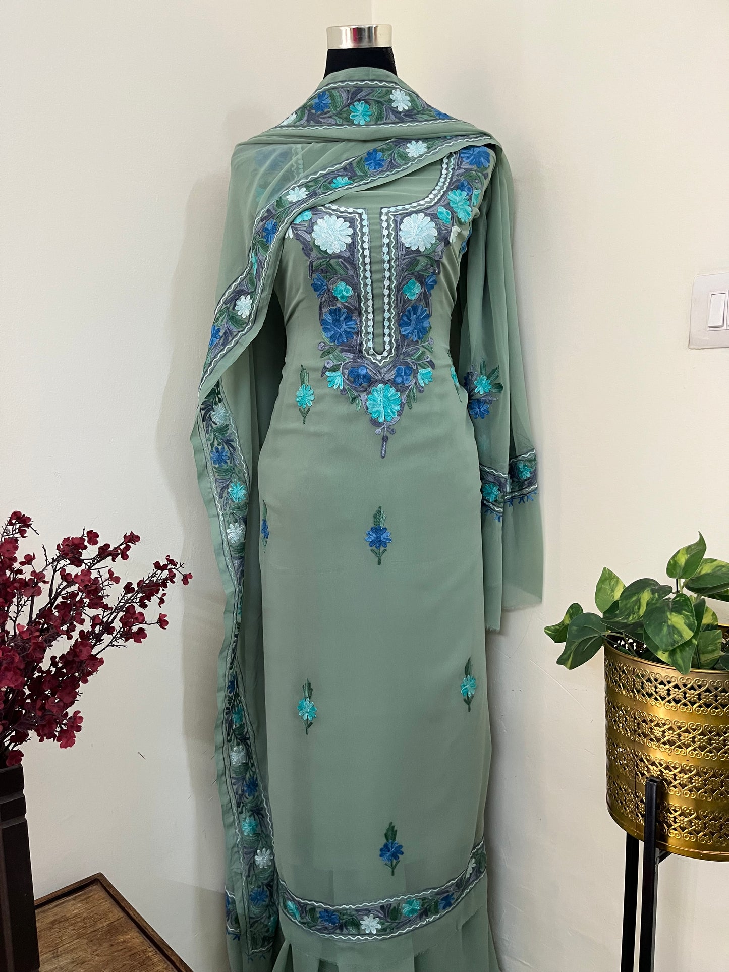 Tea Green Georgette 3 Pc Aari Embroidered Suit Set