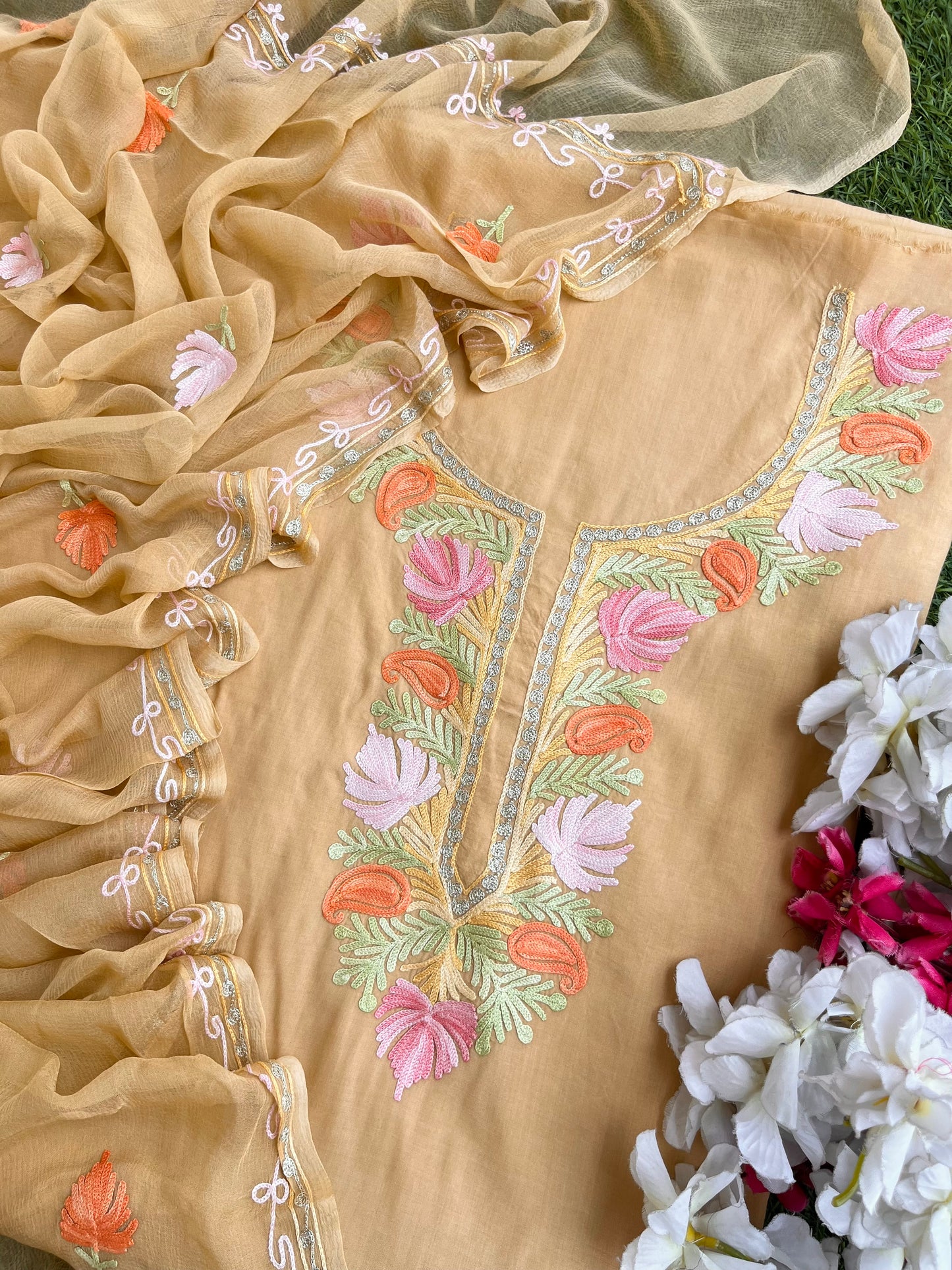 Faun Muslin Cotton Jaal Sleeves Kashmiri 3pc Suit
