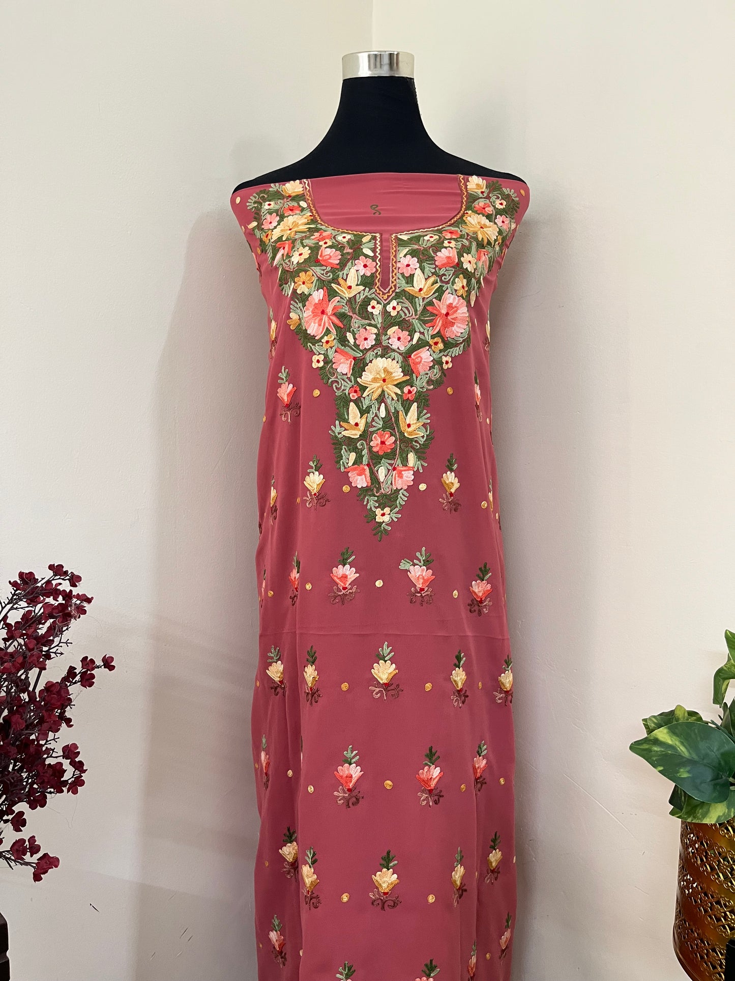 Blush Red Georgette Kashmiri Kurta Material