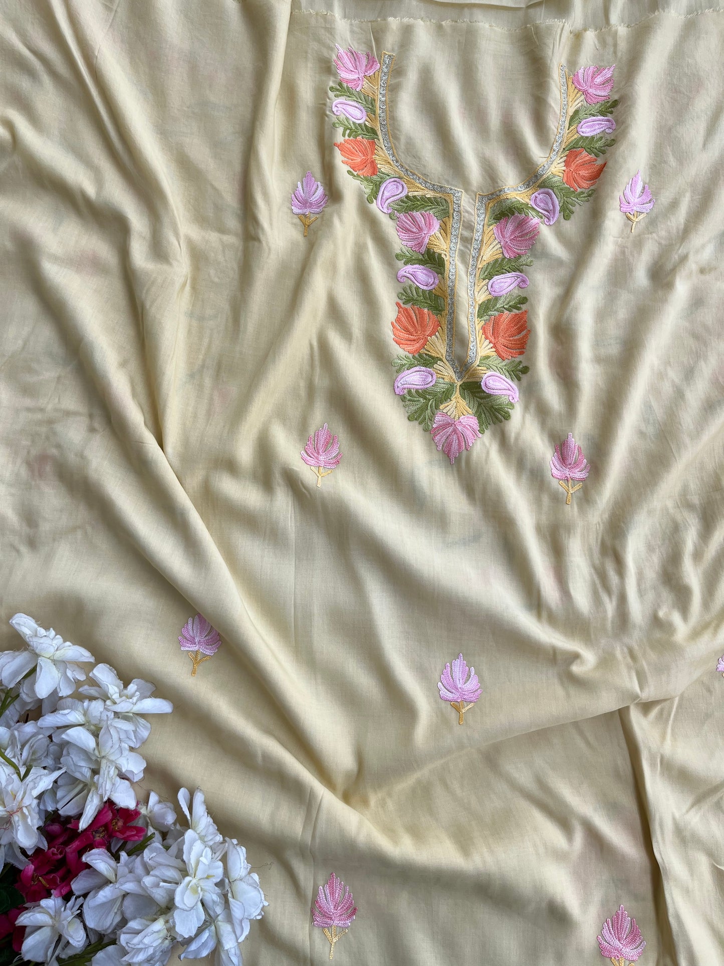 Beige Muslin Cotton Jaal Sleeves Kashmiri 3pc Suit
