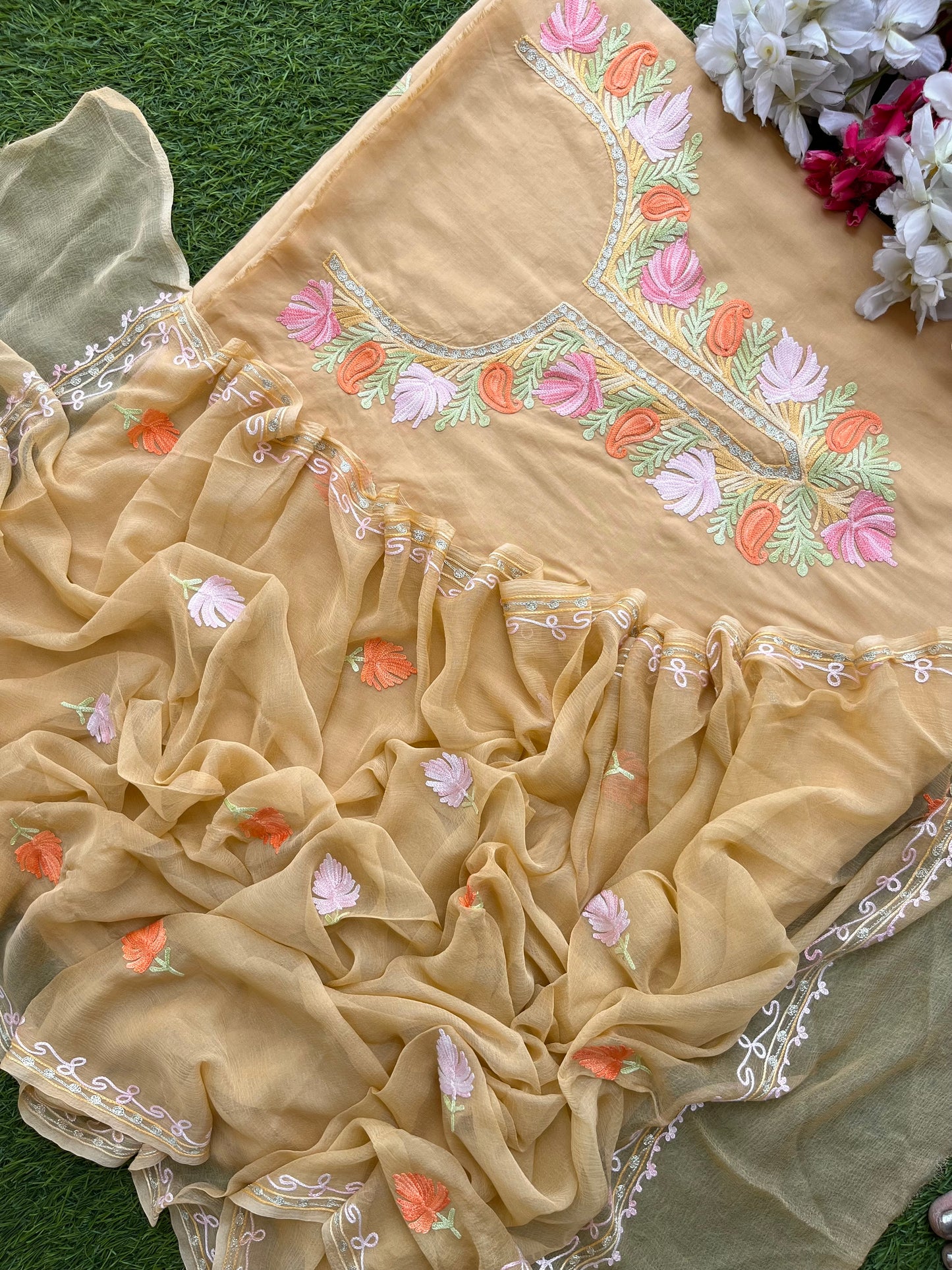 Faun Muslin Cotton Jaal Sleeves Kashmiri 3pc Suit