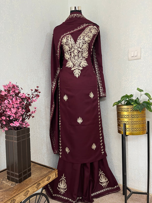 Wine Tilla Embroidered 3pc Suit Stole