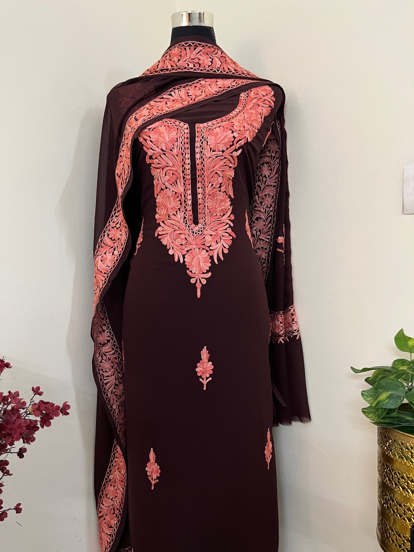 Brown Georgette 3pc Kashmiri Suit