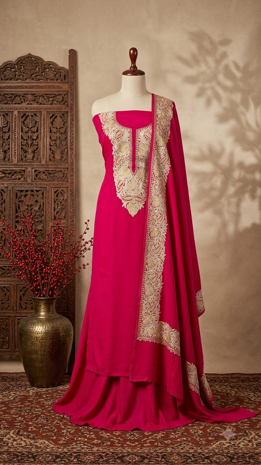 Hot pink Kalaa’Crape Kashmiri Suit
