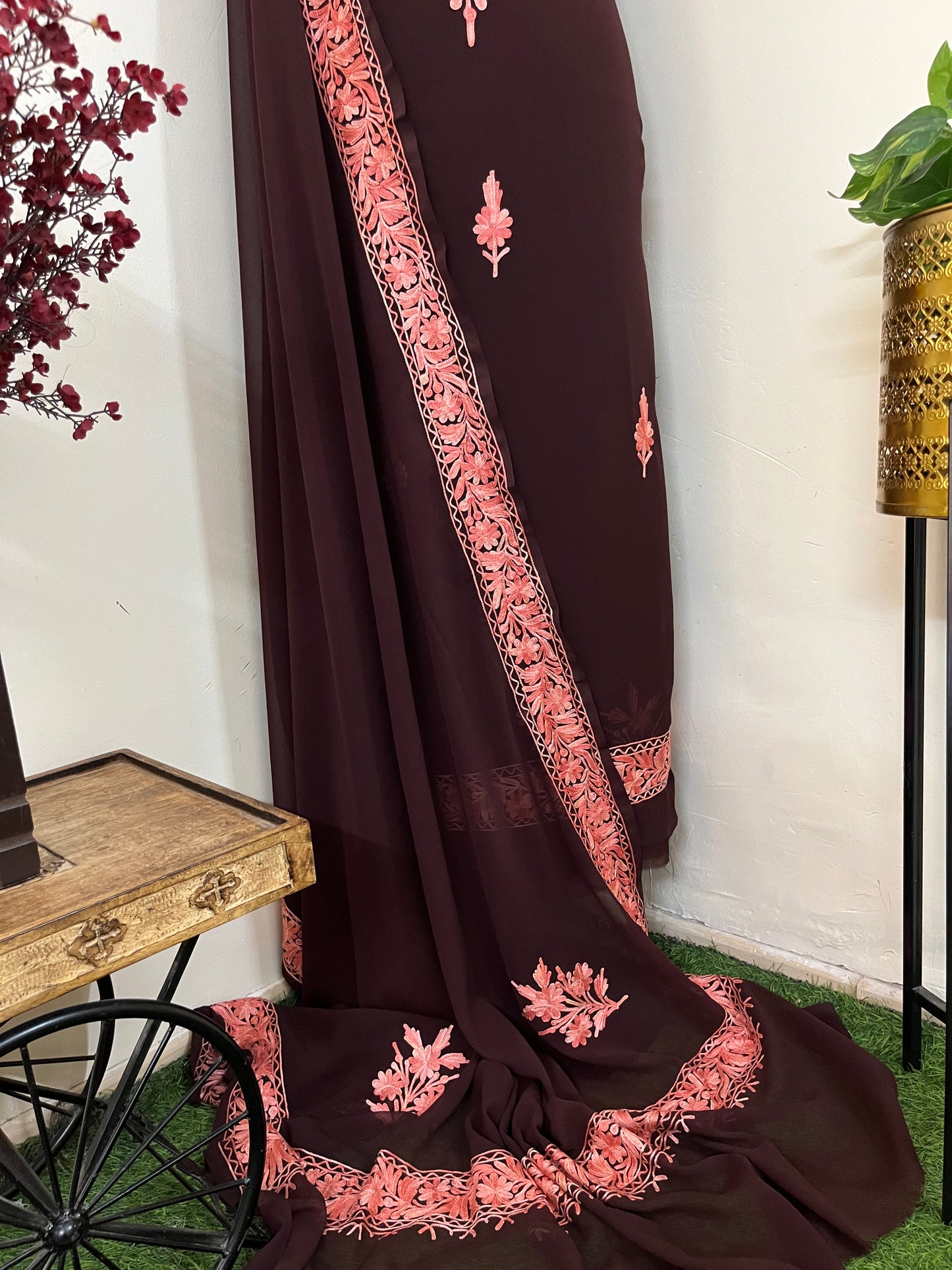 Brown Georgette 3pc Kashmiri Suit
