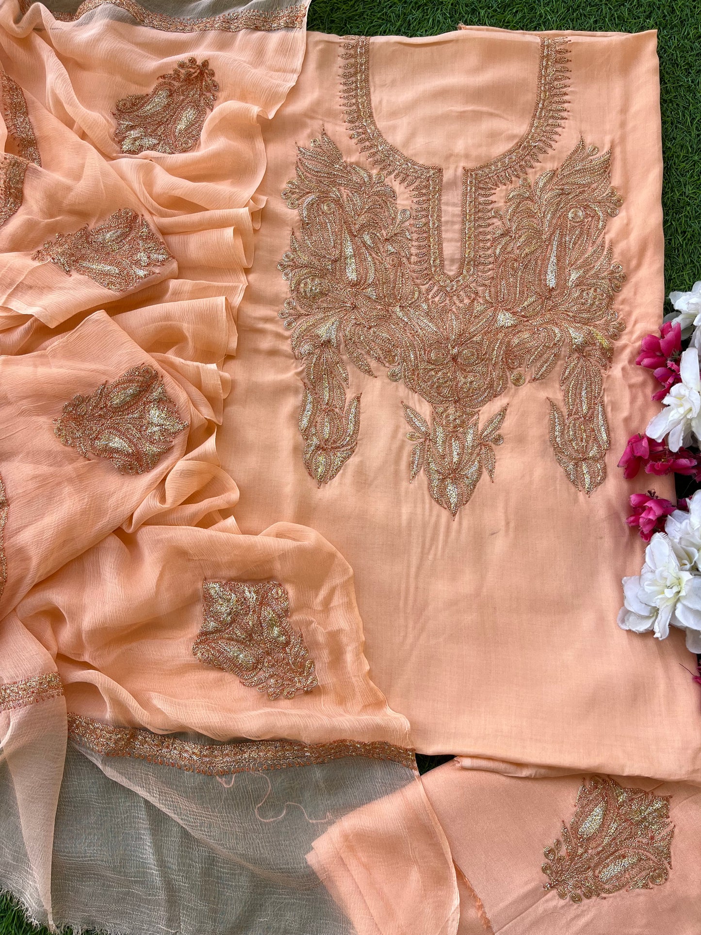 Kalaa’ Peach Muslin Silk Tilla Embroidered Suit material