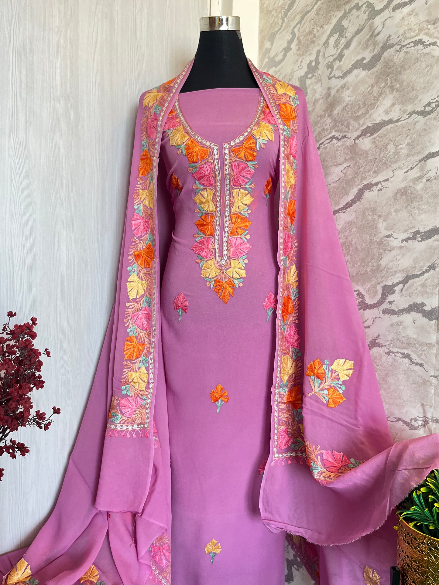 Lilac Pure Georgette Aari Embroidered Suit