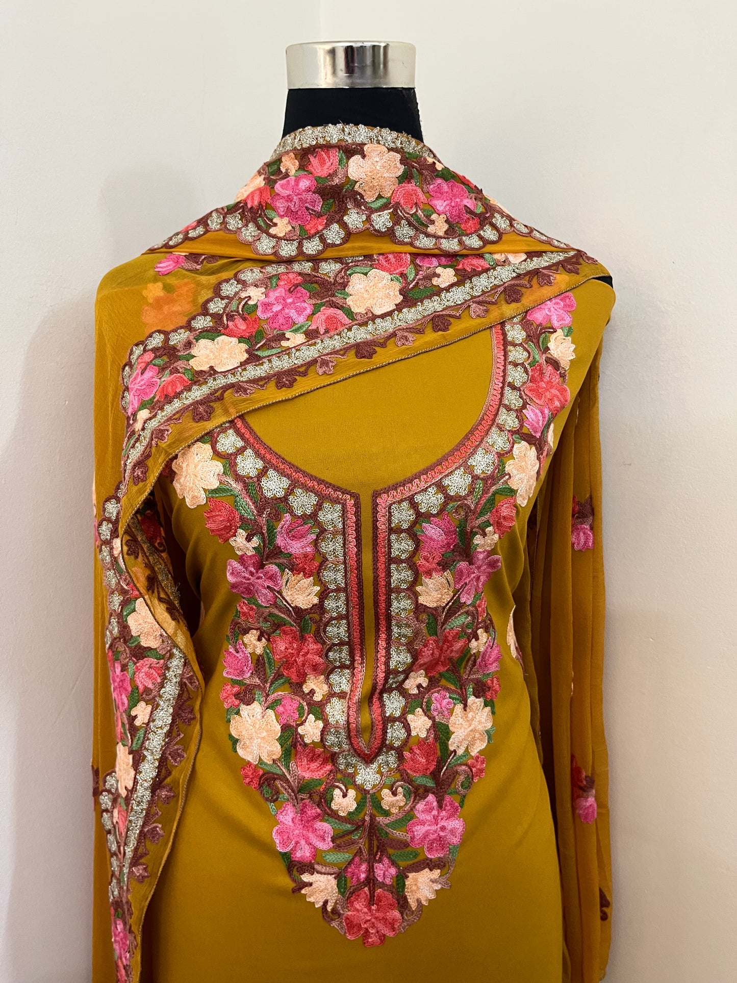 Mustard Yellow Rayon Cotton Kashmiri 3pc set
