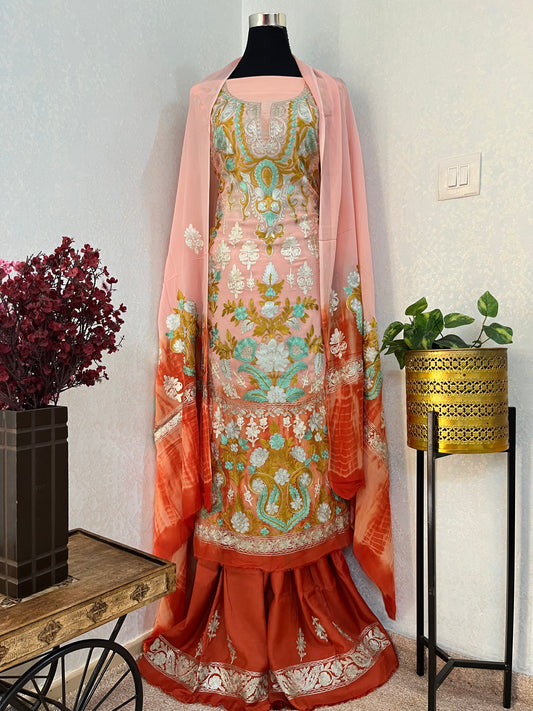 Soft Peach Georgette 3 Pc Aari Embroidered Suit