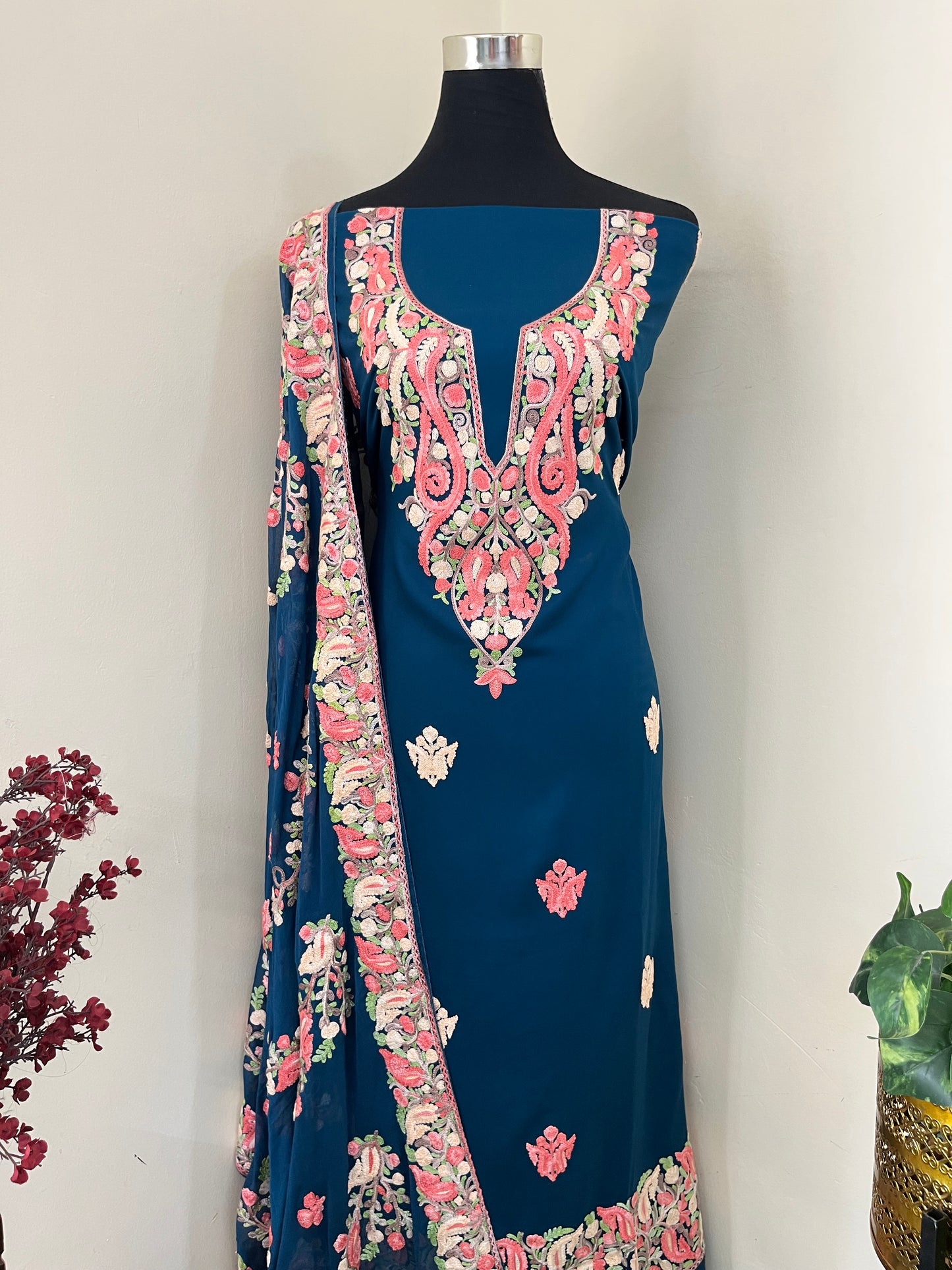 Blue Rayon Cotton Kashmiri 3pc set