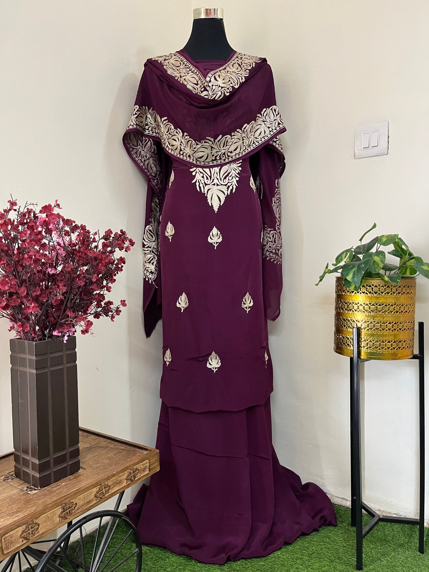 ‘Kalaa’ Wine Crape Kashmiri Suit