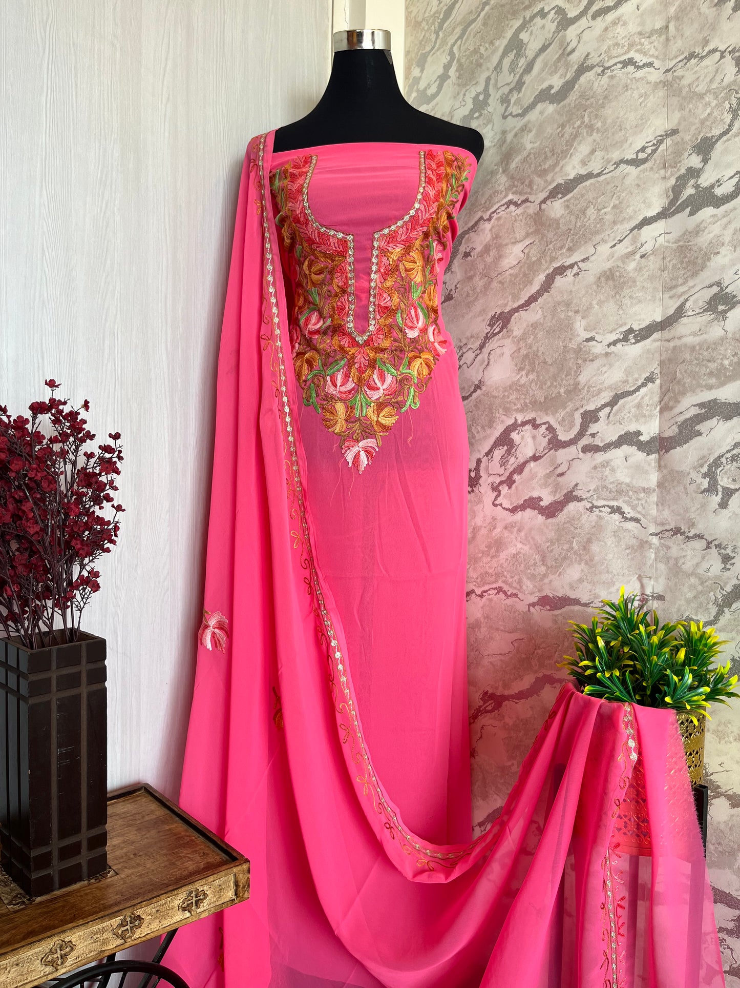 Candy Pink Georgette Shirt and Dupatta Aari Embroidered Suit