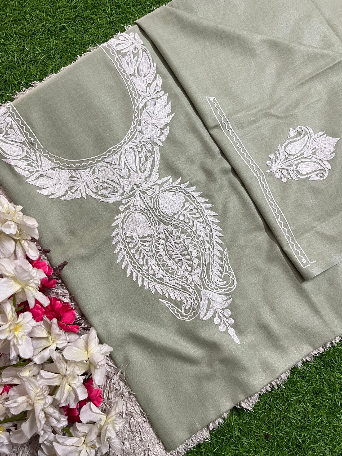 Green Cotton Unstitched Aari Work Kurti