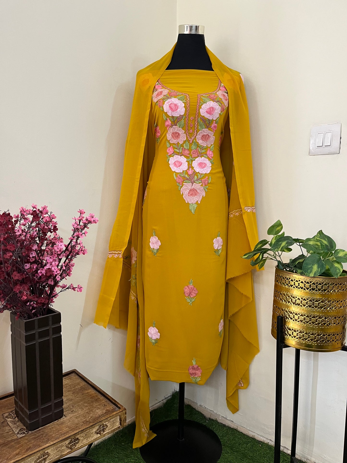 Mustard Georgette 3 Pc Aari Embroidered Suit