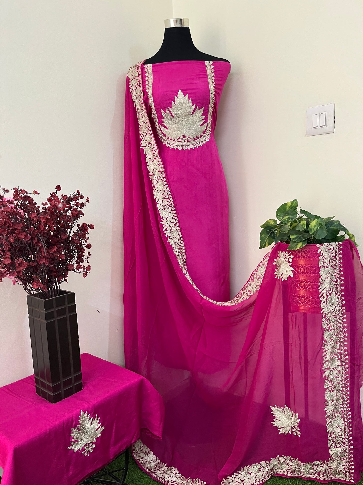 Sanam’ Fuchsia Pink Tilla Embroidered Suit material