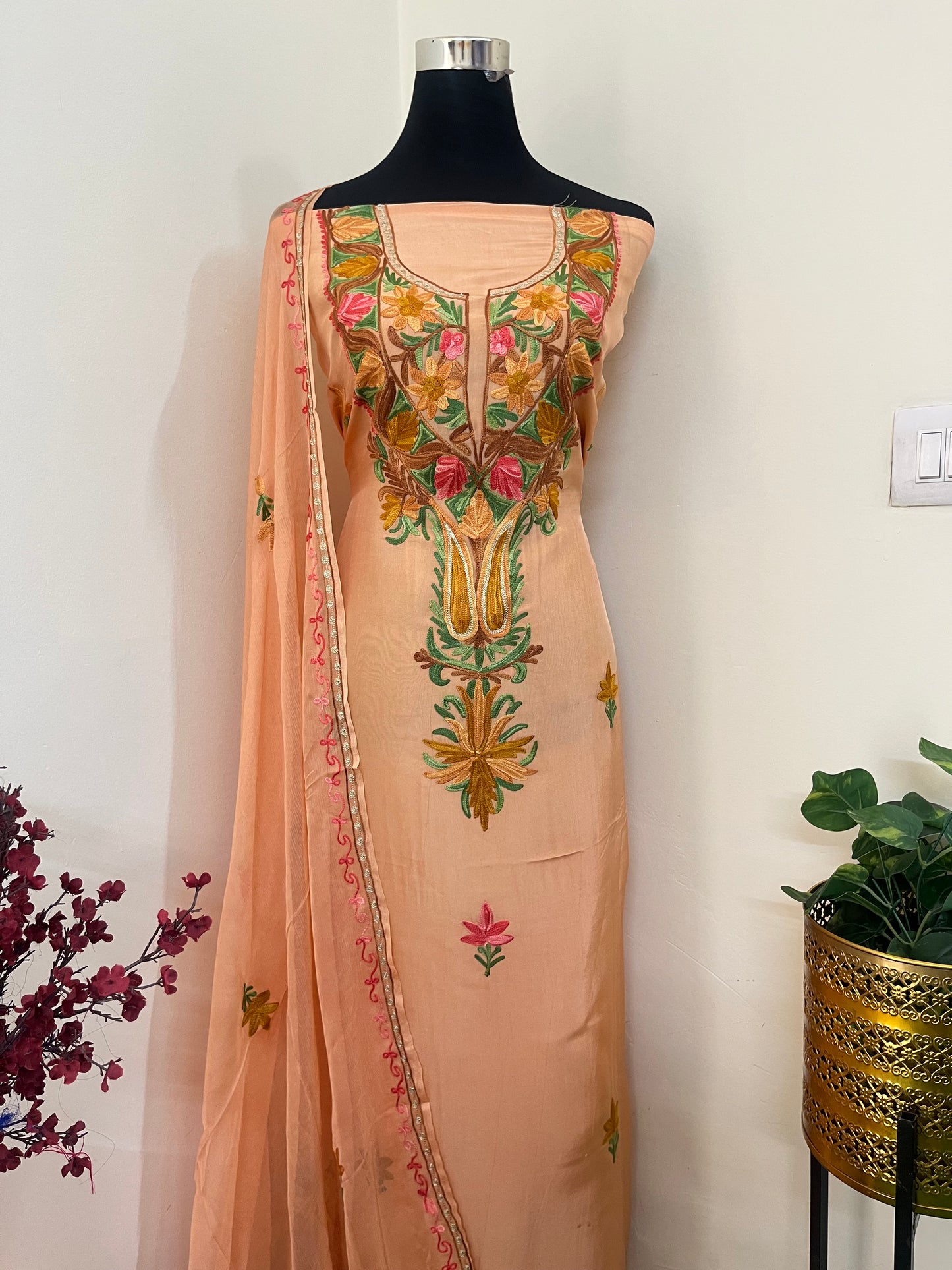 Peach Opada Silk Kashmiri Suit