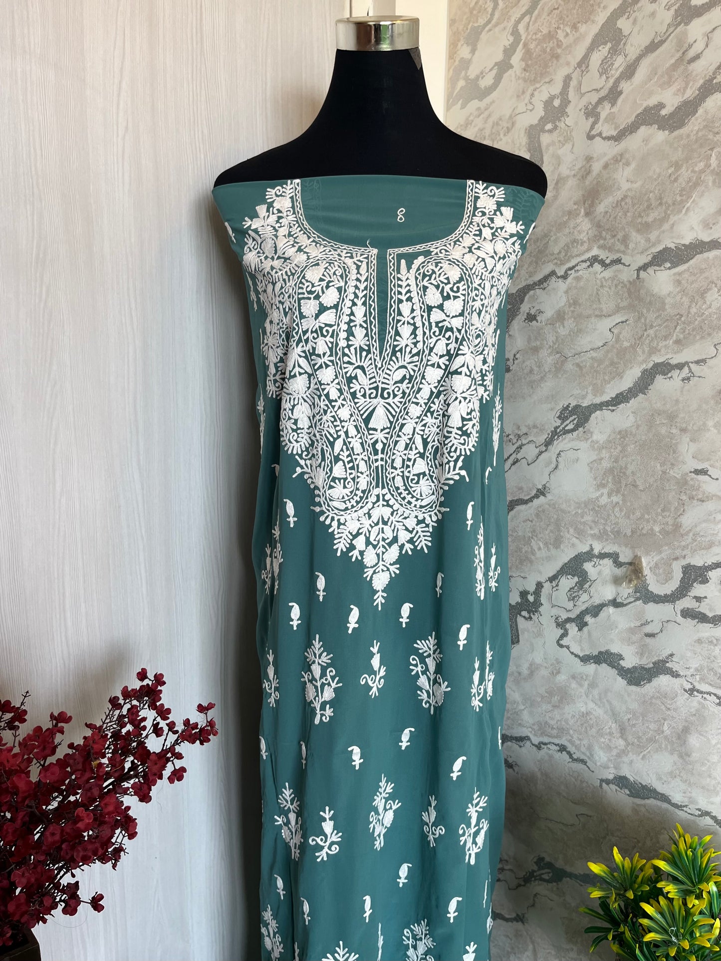 Georgette Pastel Green All over Work Aari Embroidered Unstitched Kurta Material