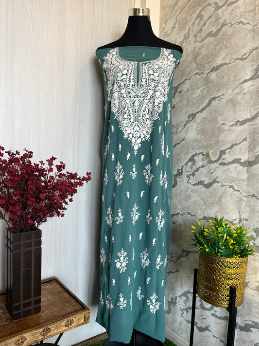 Georgette Pastel Green All over Work Aari Embroidered Unstitched Kurta Material