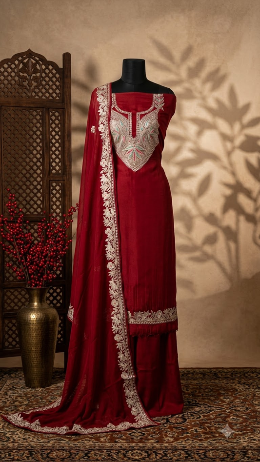 Maroon Opada Silk Kashmiri Suits