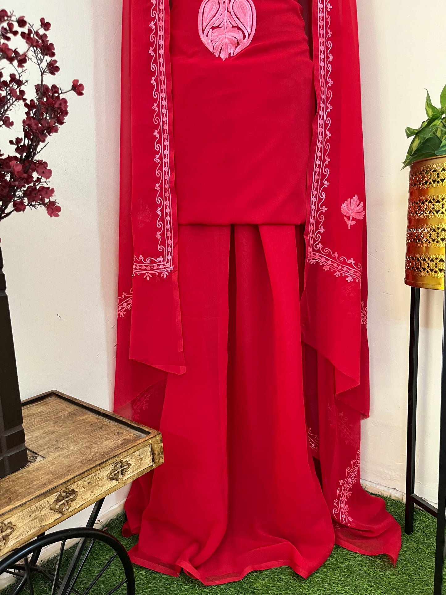 Red Georgette Red 3 Pc Aari Embroidered Suit Set