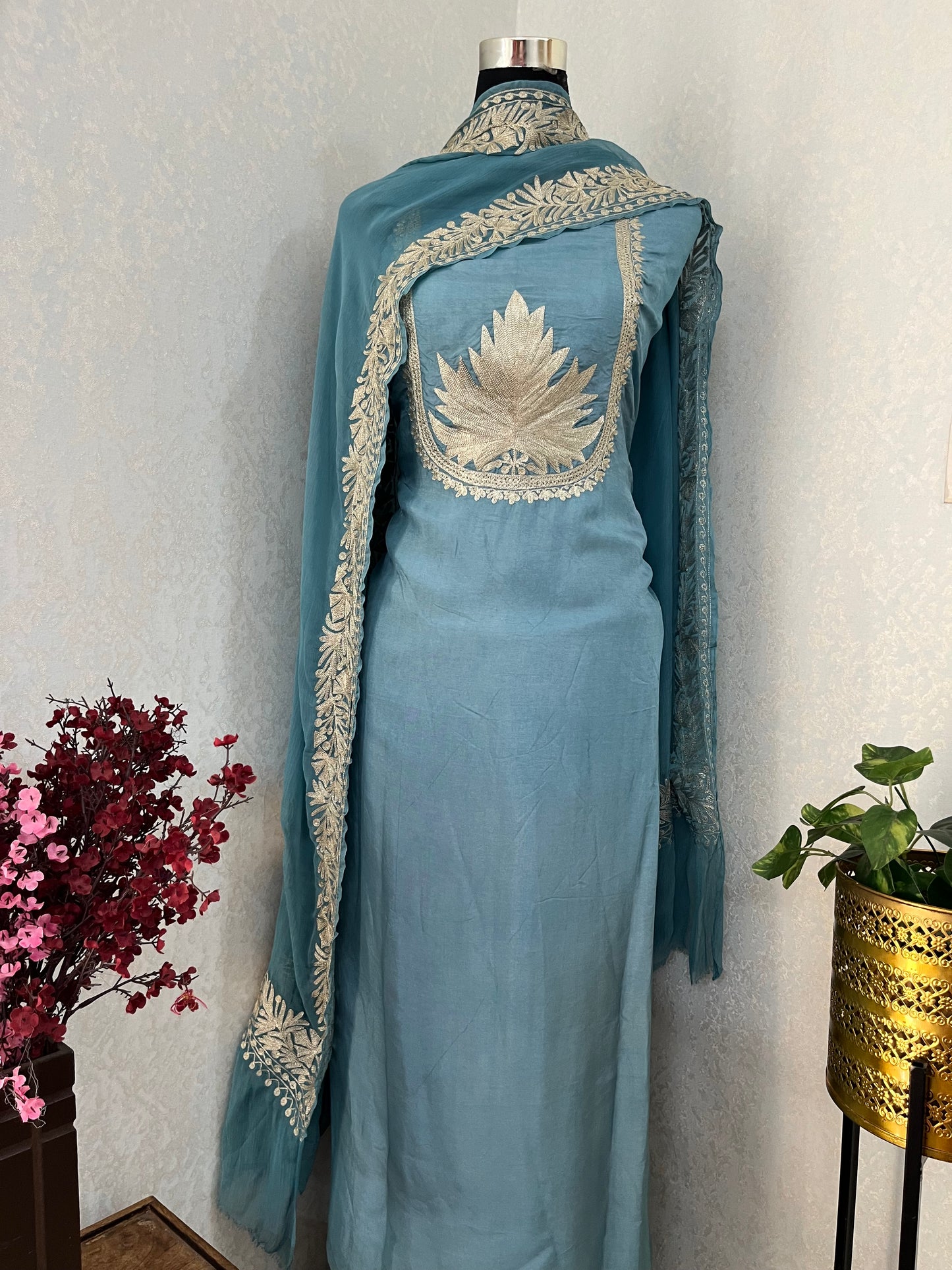 Soft Blue Tilla Kashmiri Silk Suit